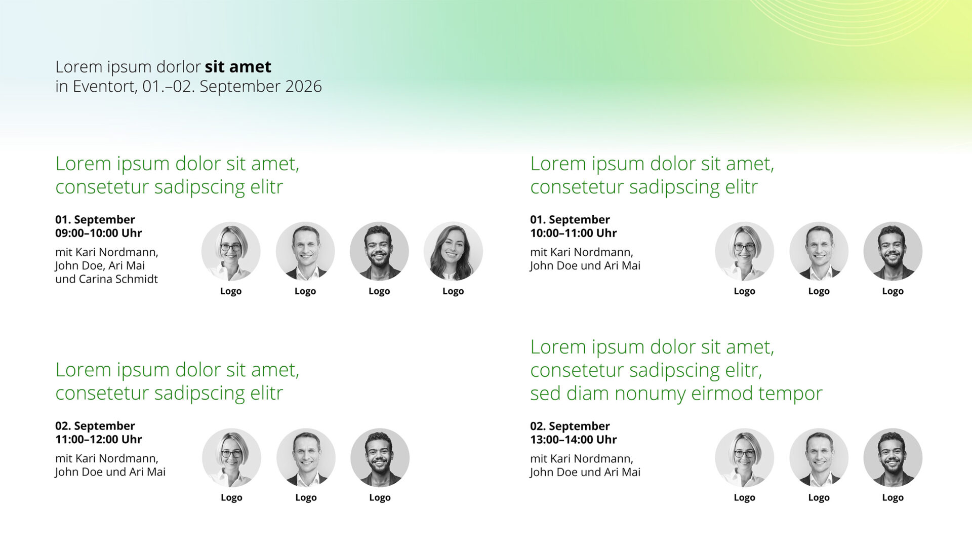 Übersicht über vier Vorträge auf einem Event.