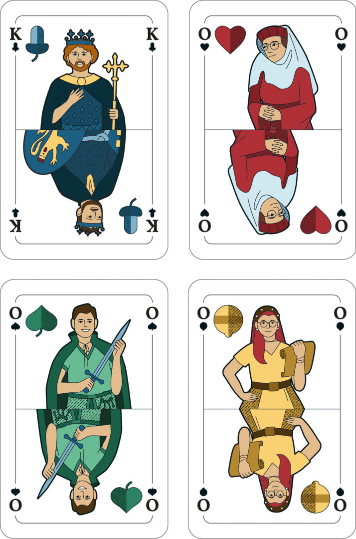 Vier Spielkarten mit mittelalterlich gekleideten Figuren darauf.