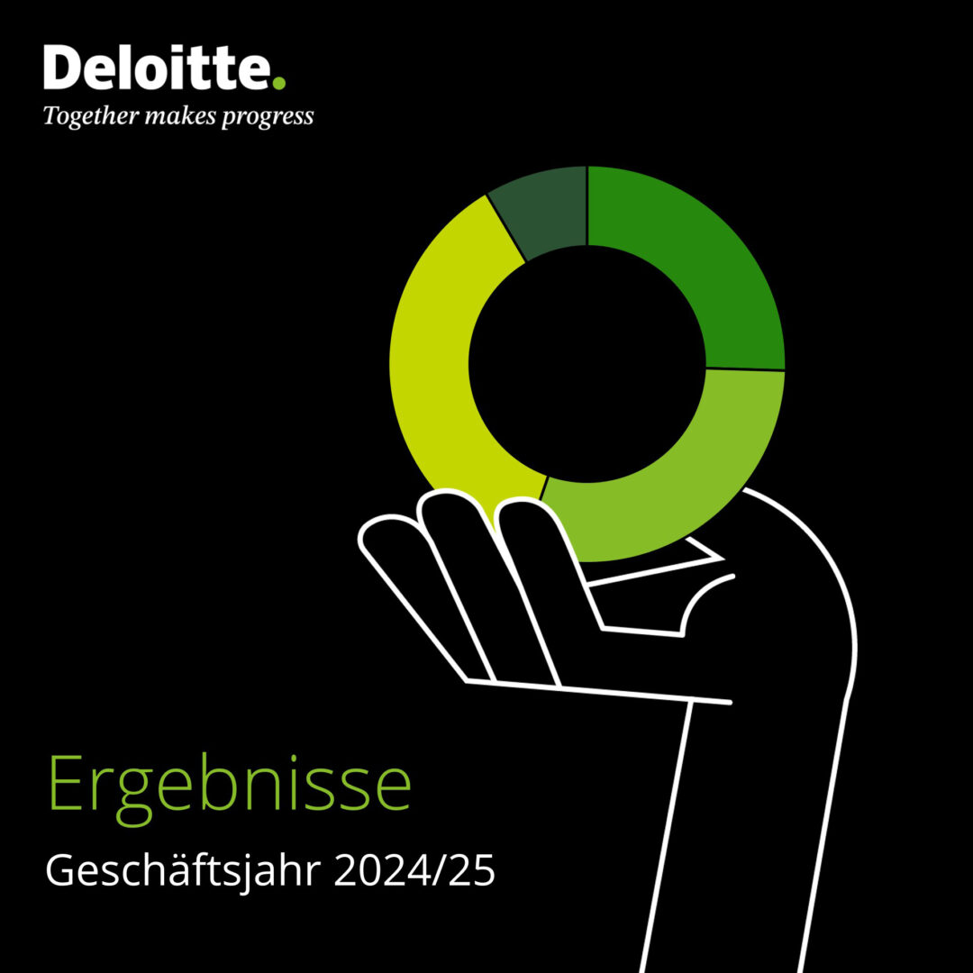 Logo: Deloitte, Together makes progress. Grafik: Hand, die ein Kreisdiagramm hält. Text: Ergebnisse, Geschäftsjahr 2024/25.