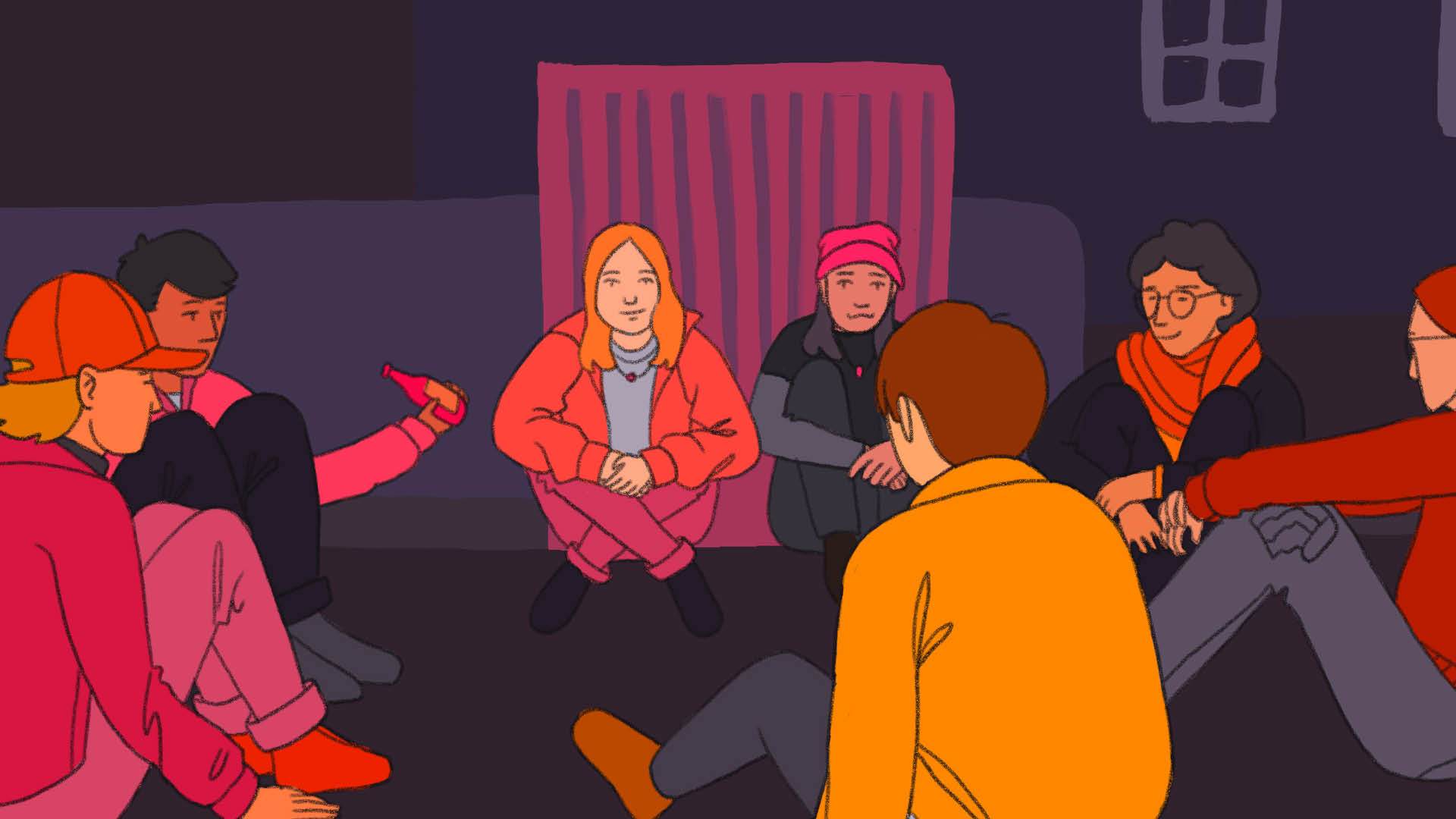Illustration einer Runde Teenager, die Flaschendrehen spielen.