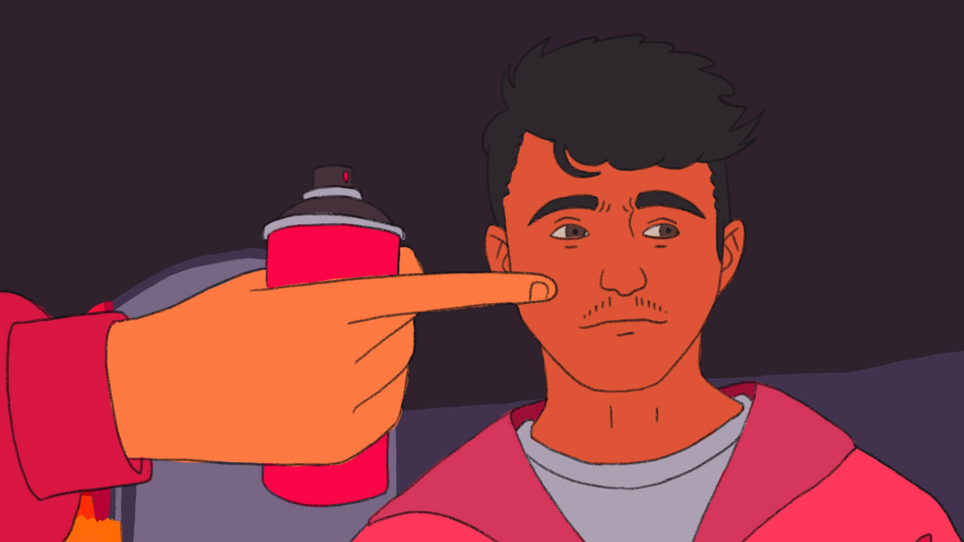 Illustration einer Hand mit Spraydose, die nach rechts zeigt. Ein Junge sieht in diese Richtung.