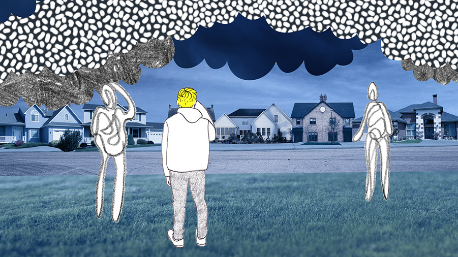 Collage: Drei Personen blicken gen Himmel, wo dicke Wolken ziehen
